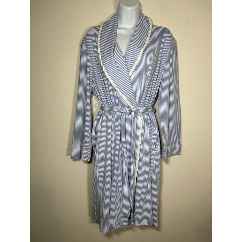Lauren Ralph Lauren Robe Blue White Pinstripe Shawl Collar Monogram Preppy Large